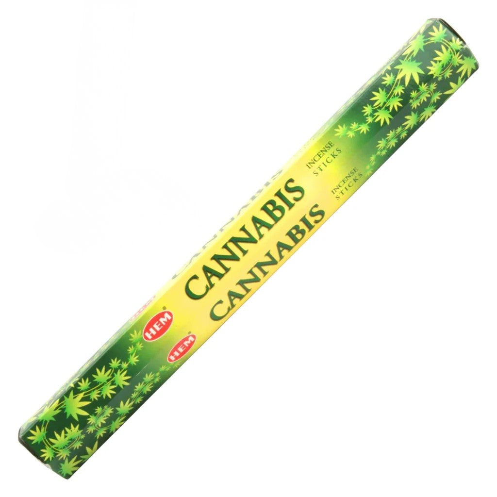 Pack of cannabis-scented incense sticks with green and yellow packaging on a white background