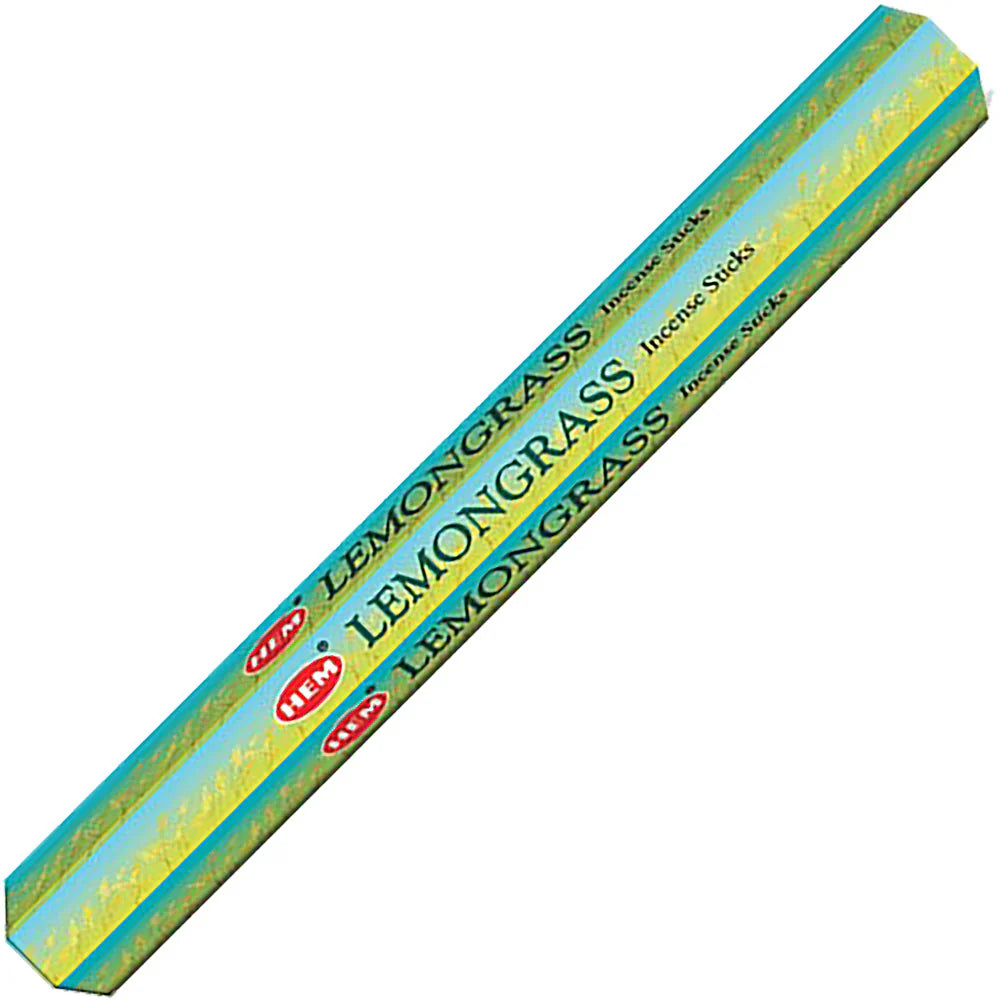 Box of Lemongrass incense sticks with a blue and yellow design on a white background