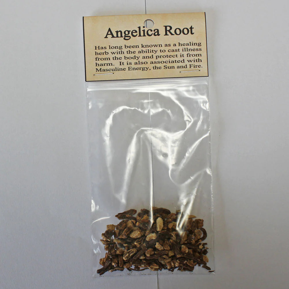 Packaged angelica root with a label on a white background
