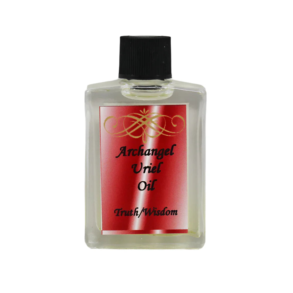 Bottle of Archangel Uriel Oil with a red label on a white background