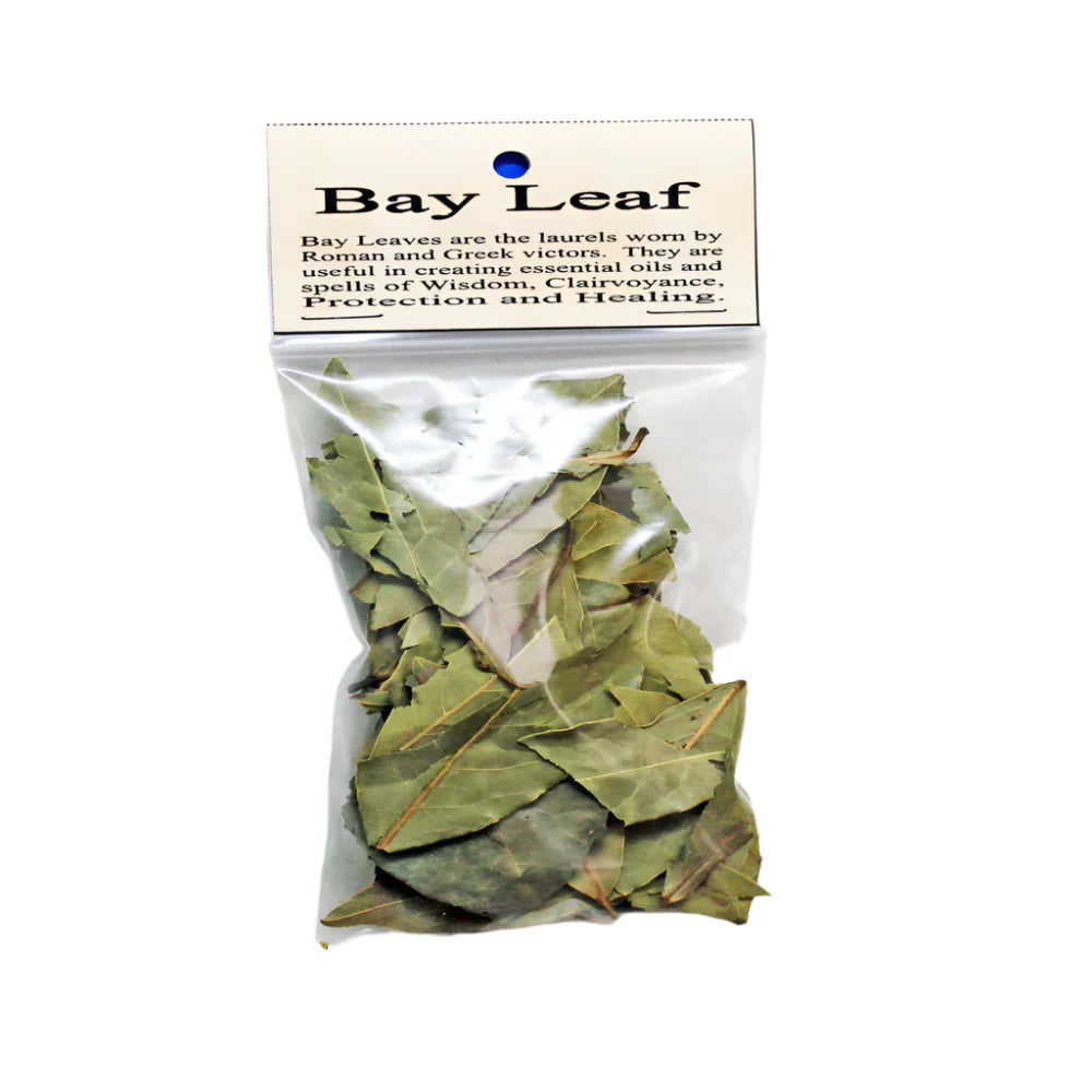Bag of bay leaves with a label on a white background