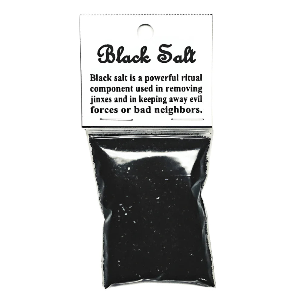 Black salt package with text on a white background