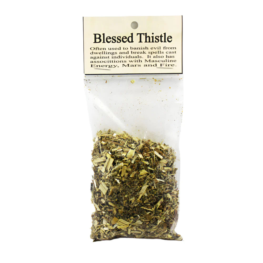 Packaged Blessed Thistle herb with label on a white background