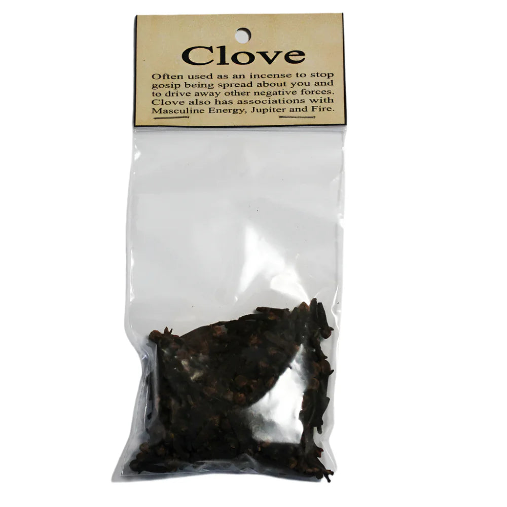 Clear bag with dried cloves and a label on a white background