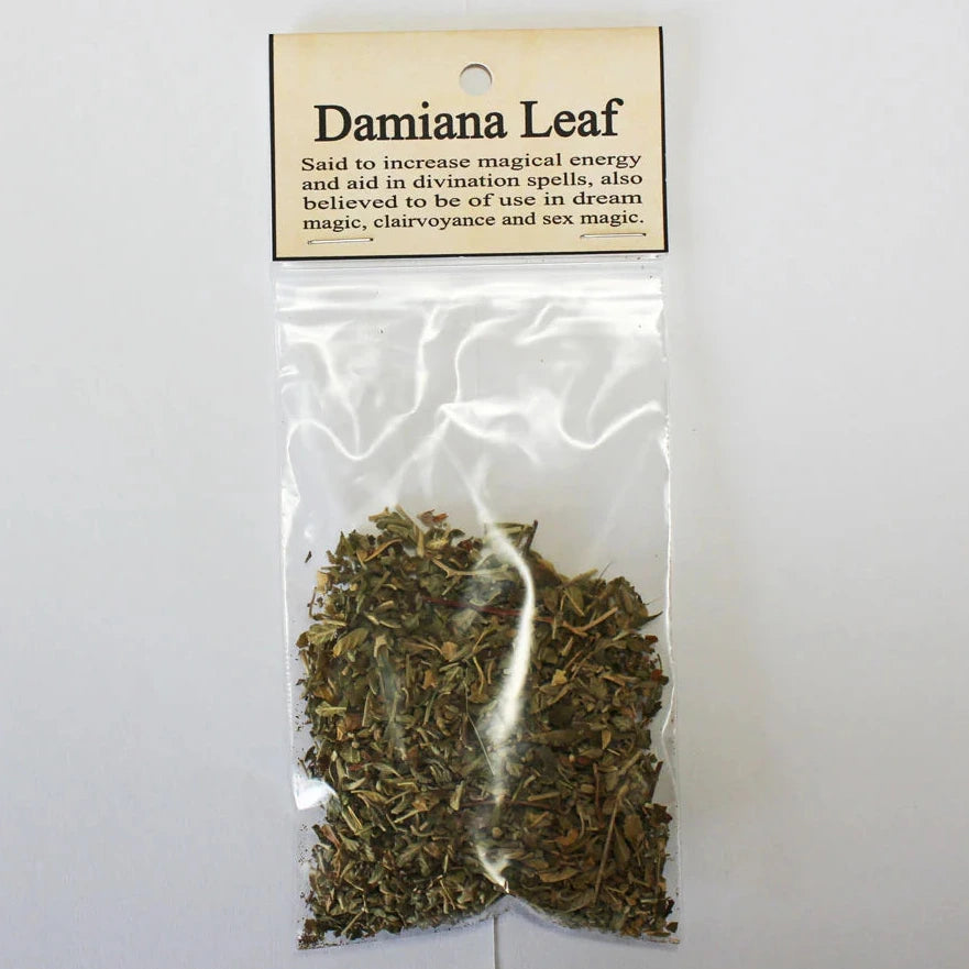 Packaged Damiana Leaf with label on a white background