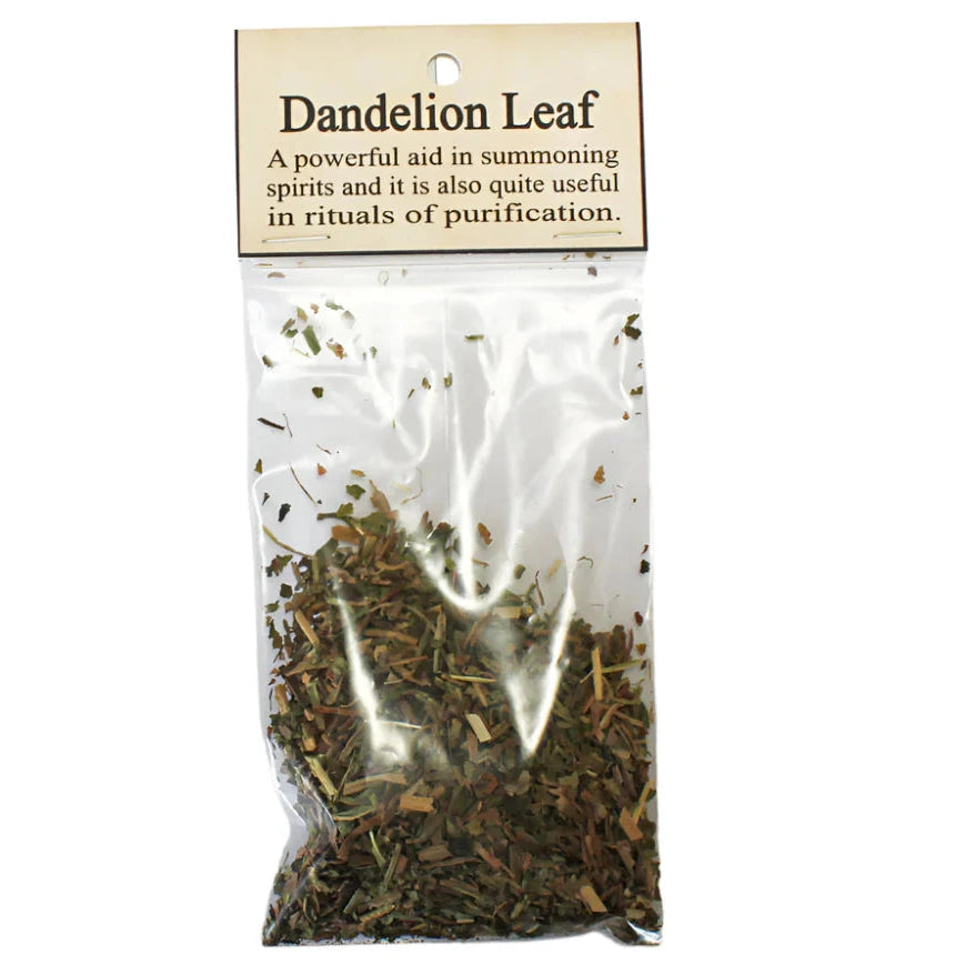 Bag of dandelion leaves with a label on a white background