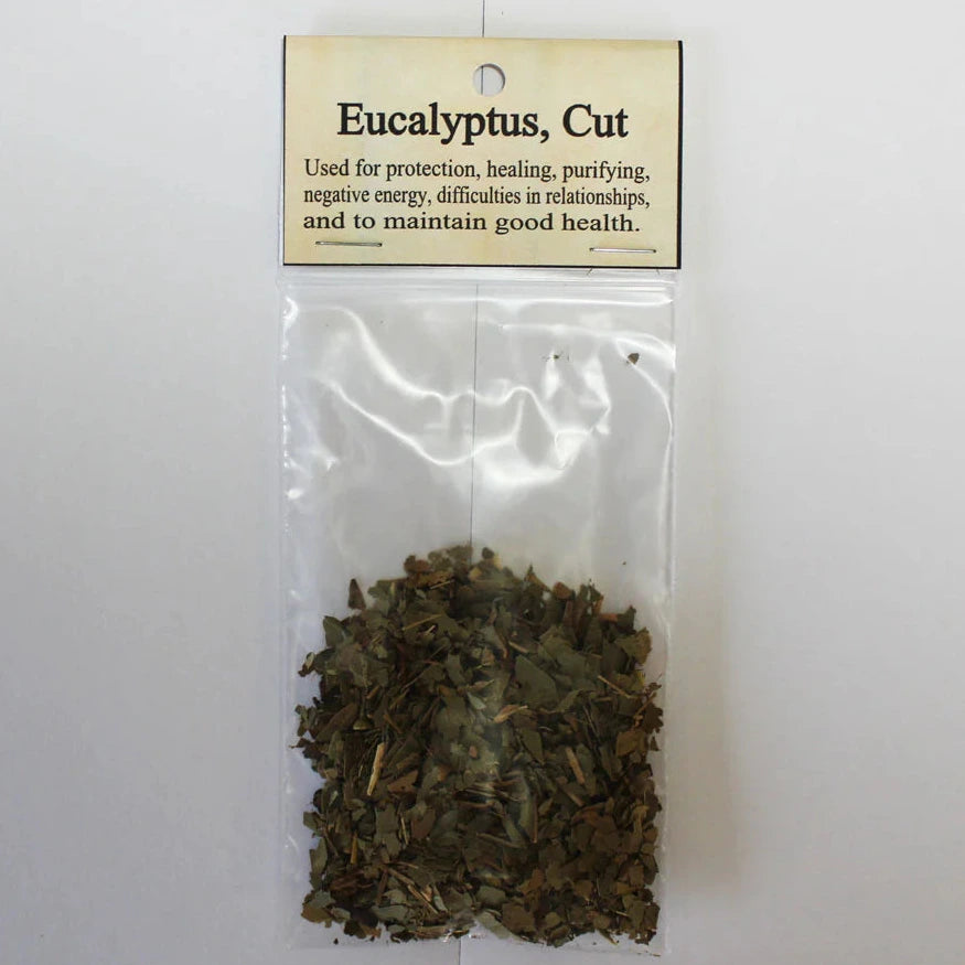 Bag of eucalyptus leaves with a label on a white background