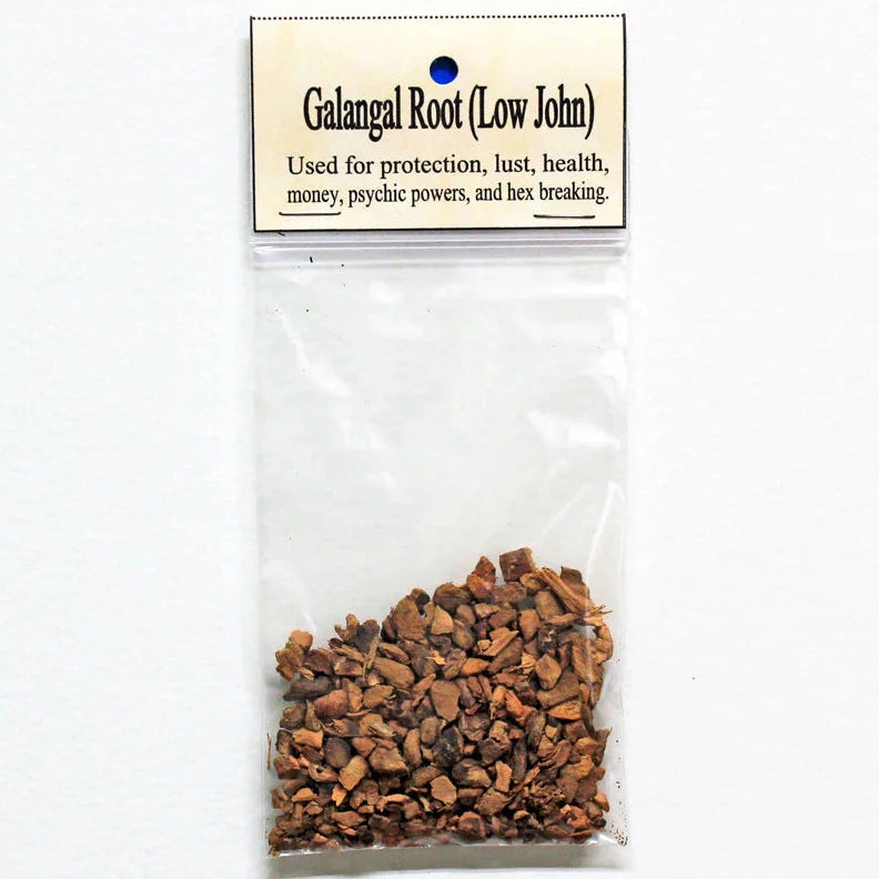 Packaged galangal root with a label on a white background