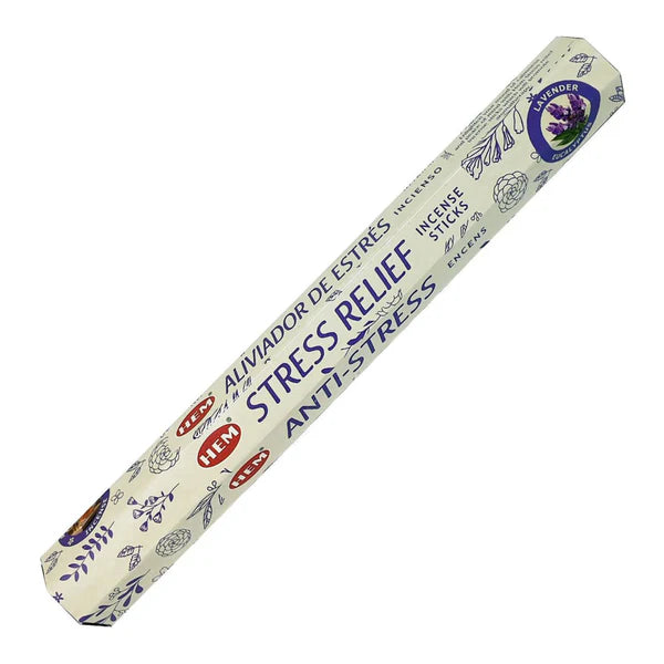 Pack of stress relief incense sticks with lavender design on a white background