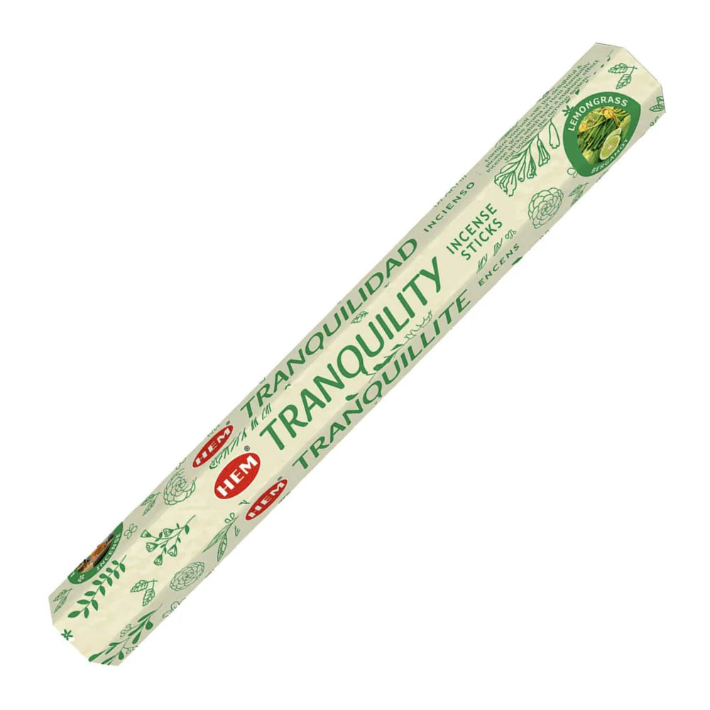 Pack of HEM Tranquility incense sticks on a white background