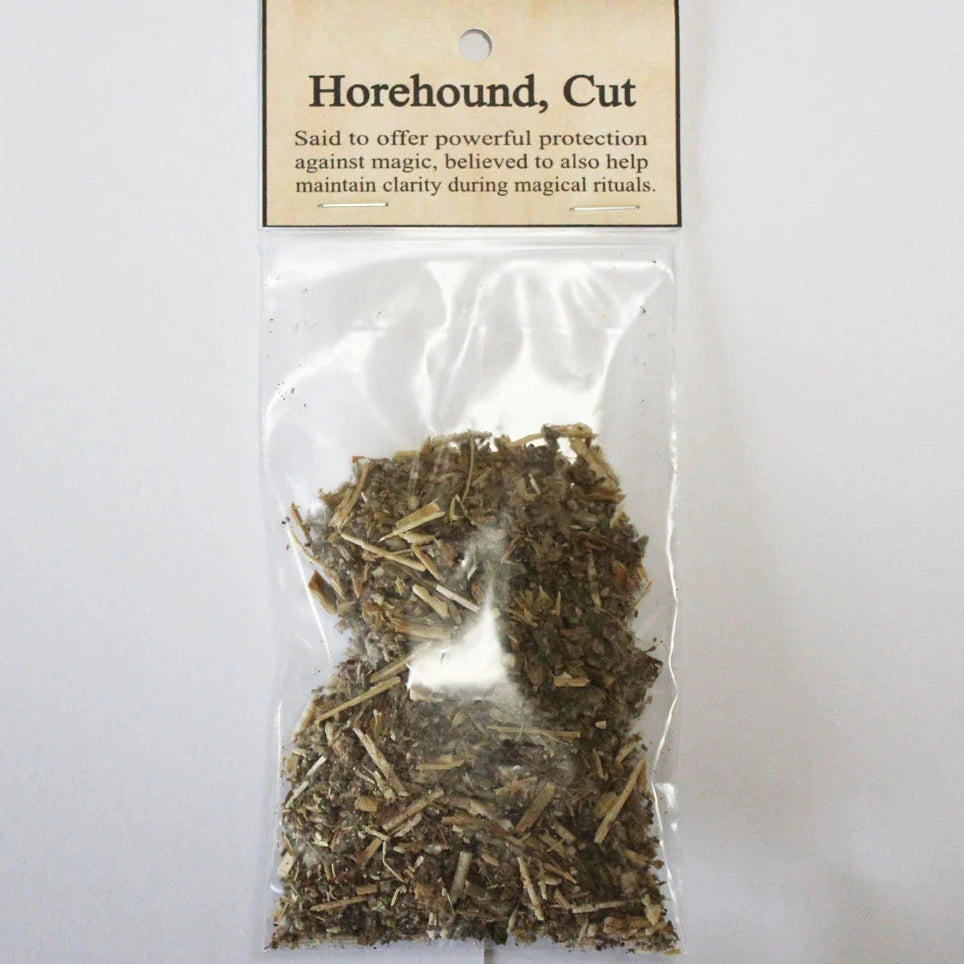 Package of horehound cut herbs with a label on a white background