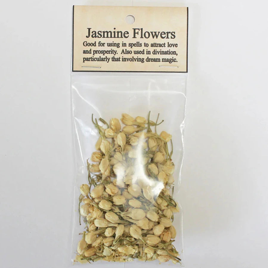 Packaged jasmine flowers with a label on a white background
