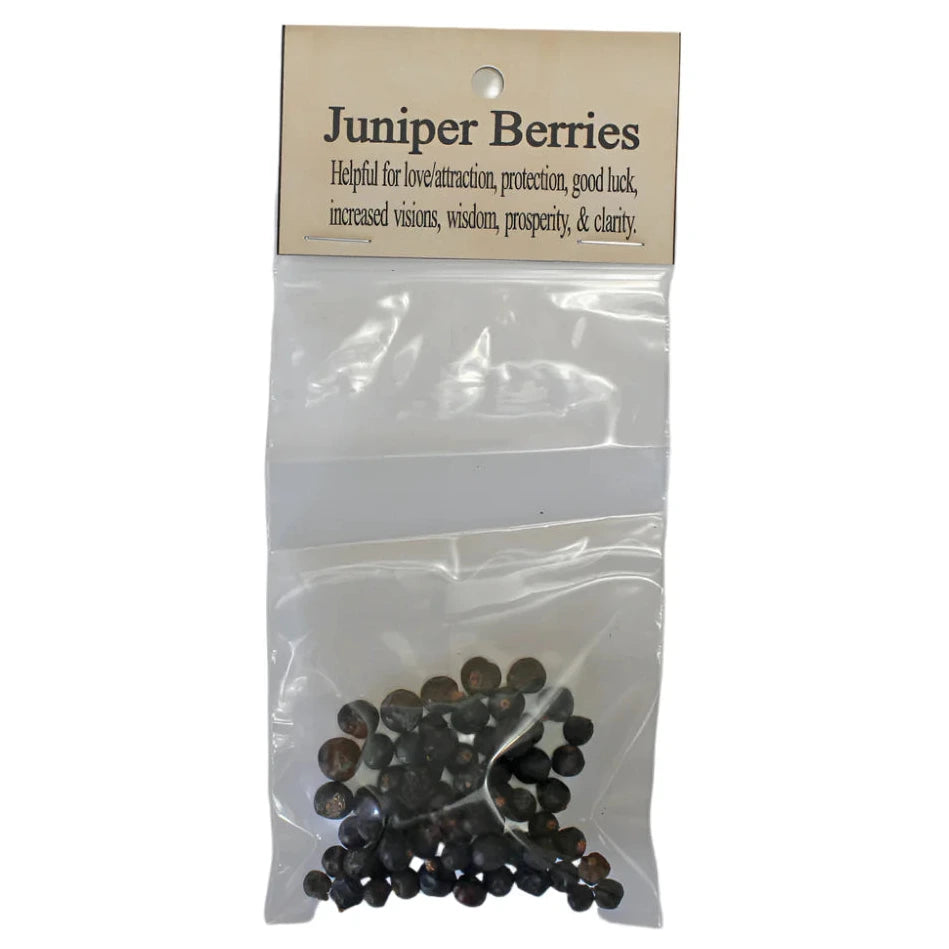 Bag of juniper berries with a label on a white background