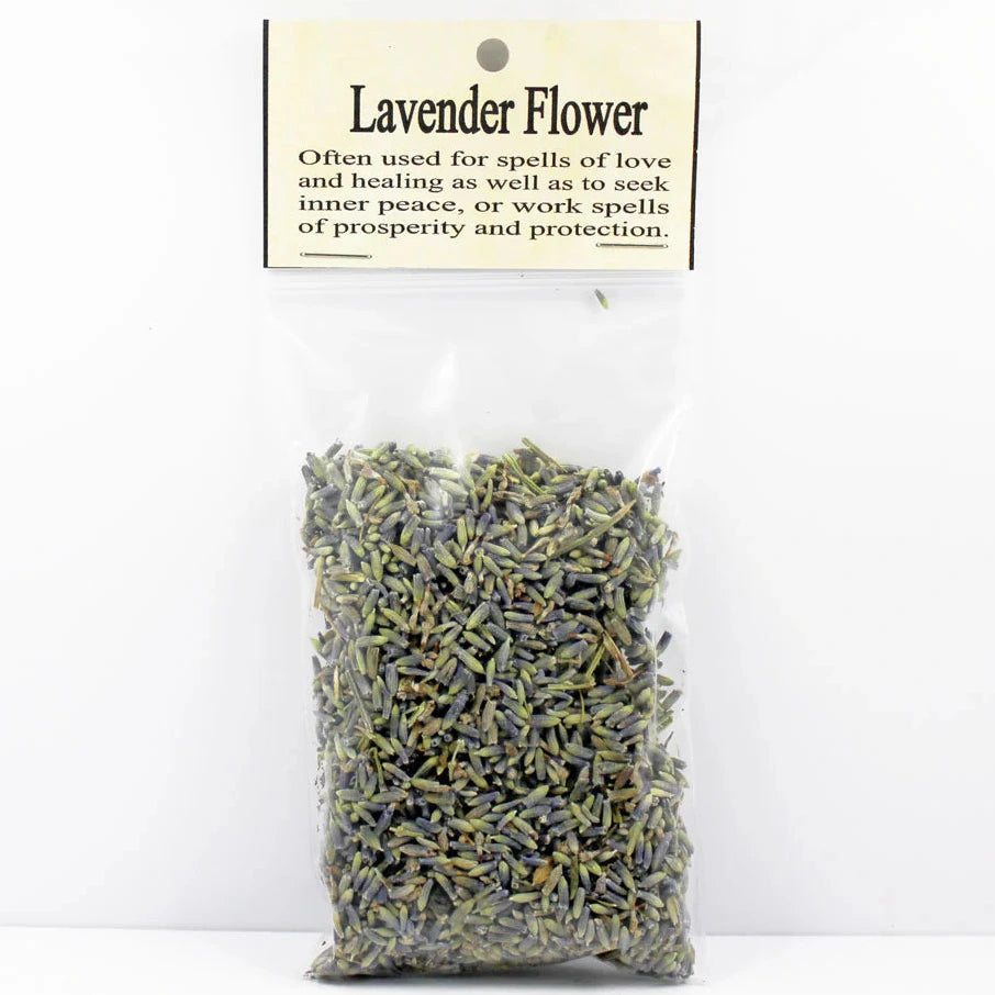 Packaged lavender flowers with a label on a white background
