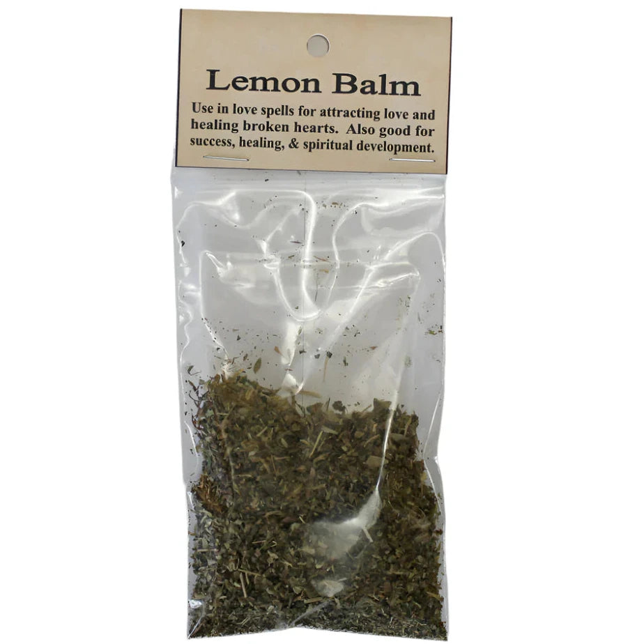 Packaged lemon balm with a label on a white background