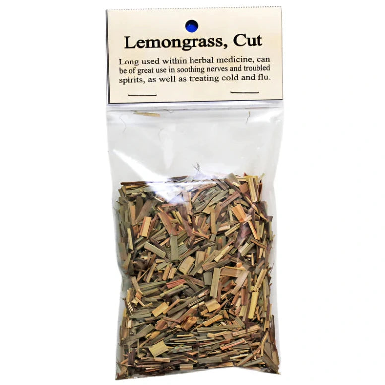 Packaged lemongrass cut herbs with a label on a white background