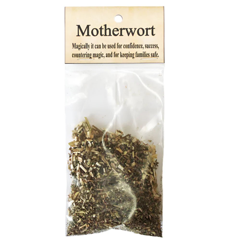 Packaged herbs labeled 'Motherwort' with text on a white background