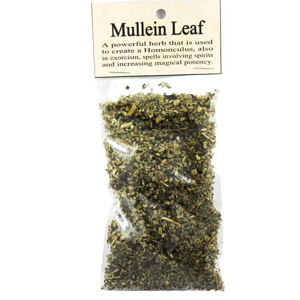 Packaged mullein leaf with a label on a white background