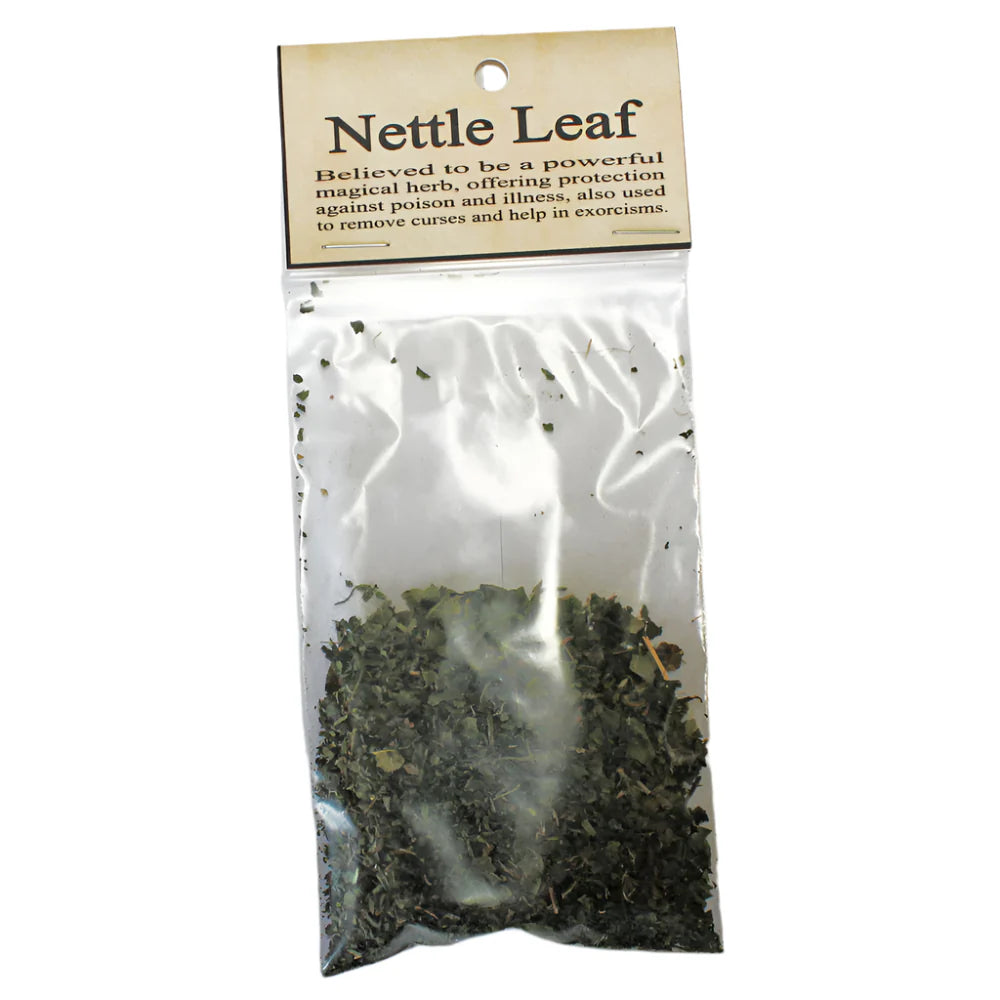 Bag of dried nettle leaves with a label on a white background