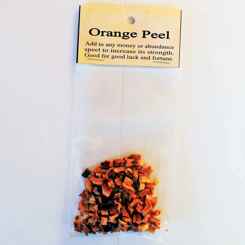 Bag of orange peel with a label on a white background