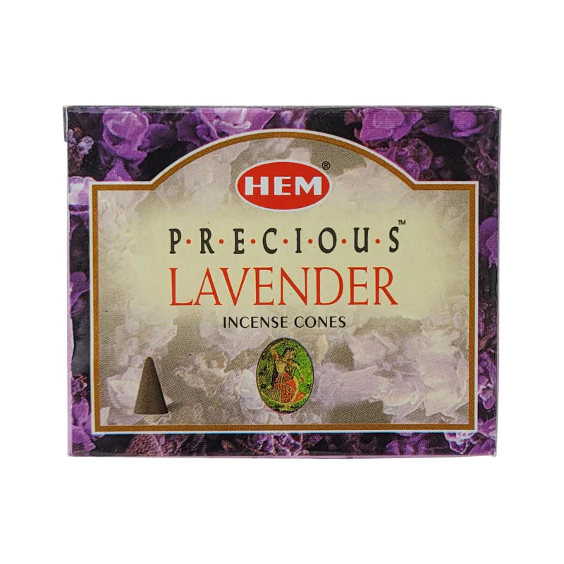 Box of HEM Precious Lavender incense cones with purple floral design on a white background