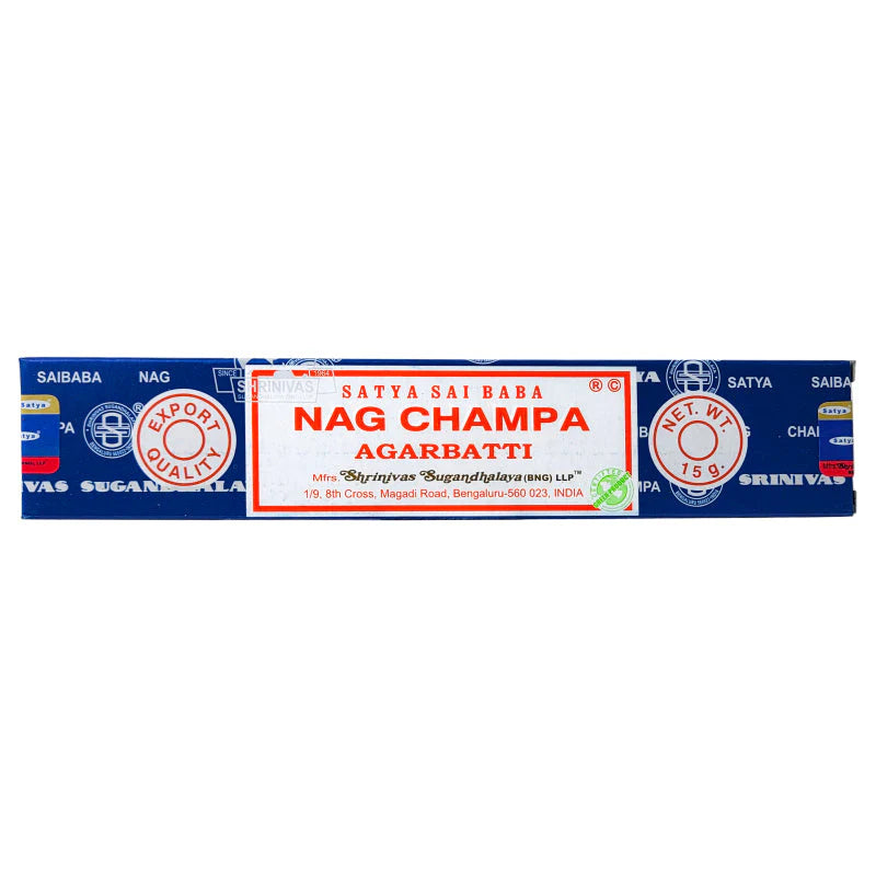 Nag Champa incense stick packaging with branding on a white background