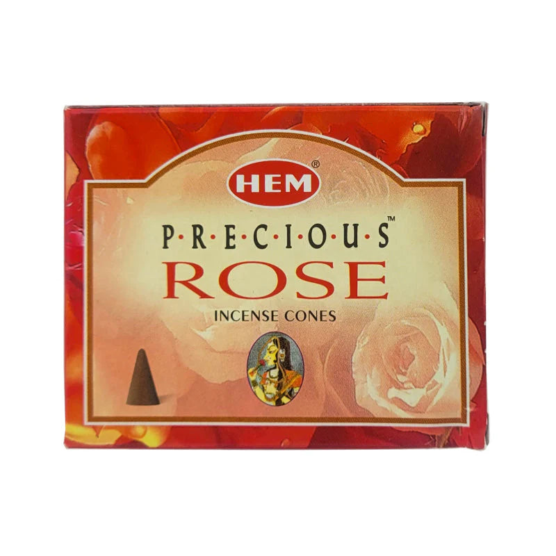 Box of HEM Precious Rose incense cones on a white background