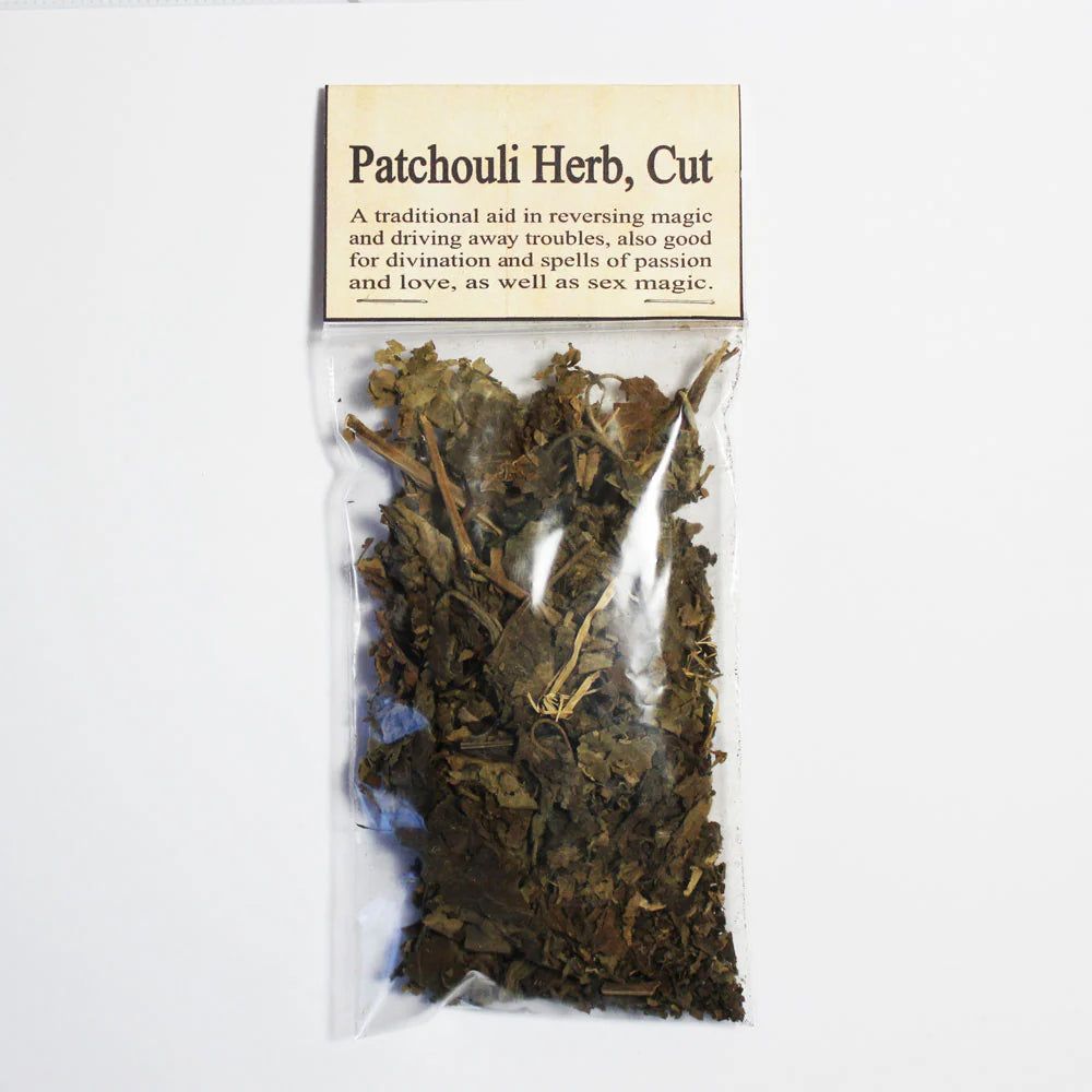 Packaged patchouli herb with a label on a white background