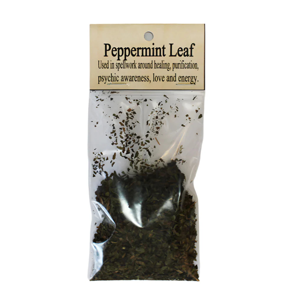 Package of peppermint leaf with a label on a white background