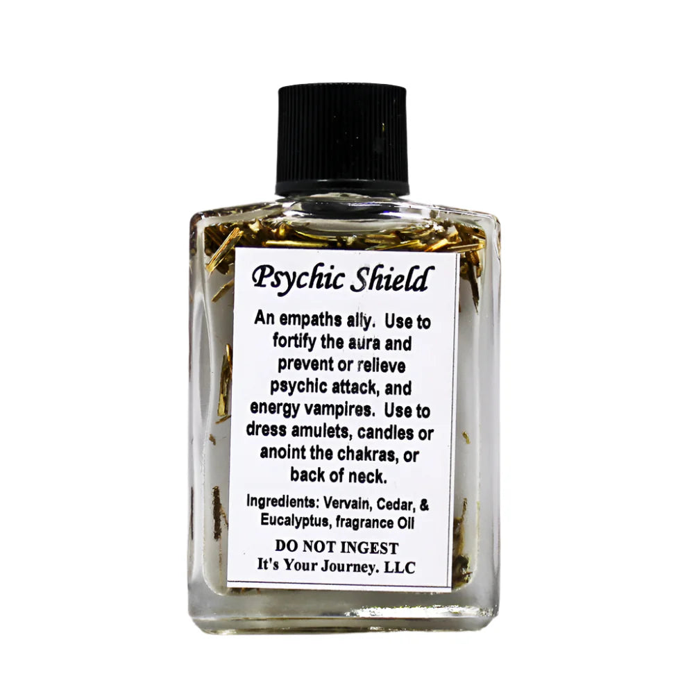 Bottle labeled 'Psychic Shield' with text on a white background