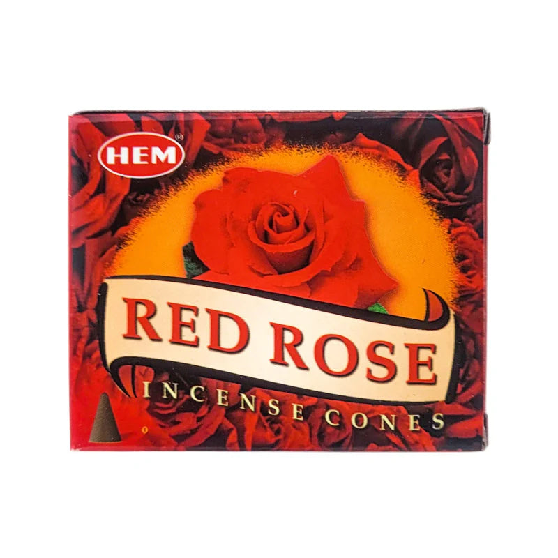 Box of HEM Red Rose Incense Cones with a red rose design on a white background