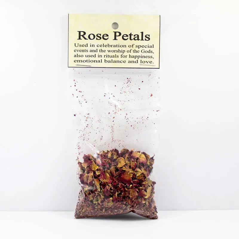 Bag of rose petals with a label on a white background