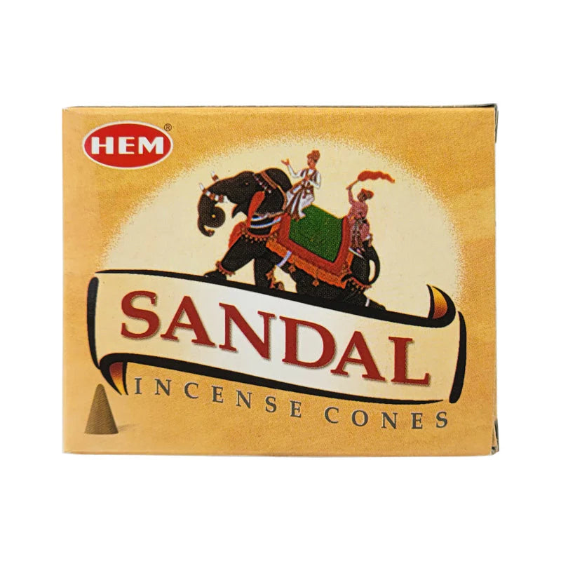 Box of HEM Sandal Incense Cones with an elephant and rider design on a beige background