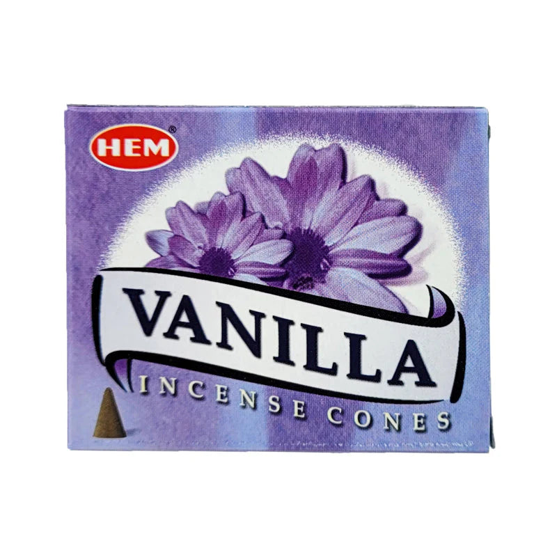 Box of HEM Vanilla incense cones with purple flowers on a white background