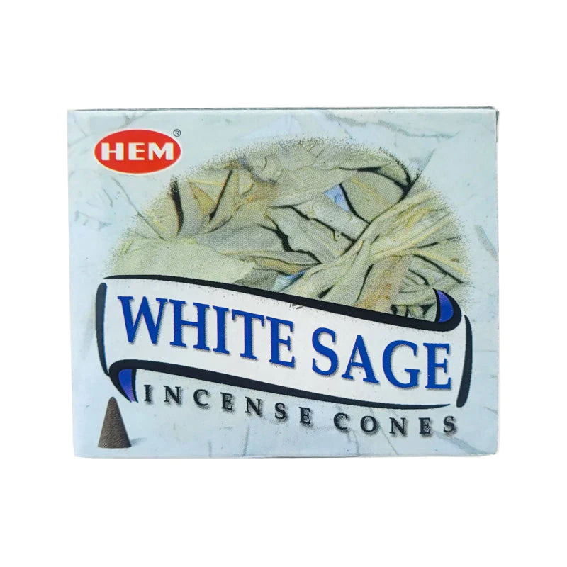 Box of HEM White Sage Incense Cones on a white background