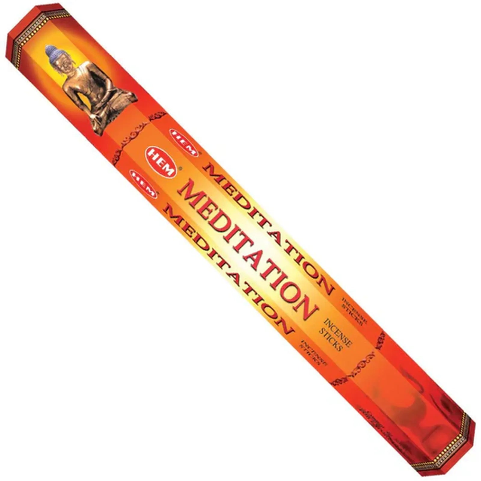 Box of HEM Meditation incense sticks with Buddha image on a white background